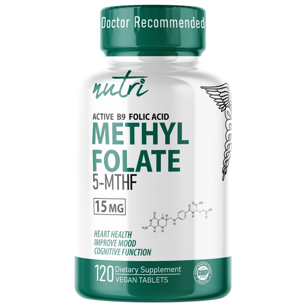 Nutri 5-MTHF L Methylfolat 15MG - 4 Bulan Supply, 120 Vegan Tablet - Metholated Folor Suplemen - Fungsi Kognitif, Kesehatan Hati, Dukungan Prenatal - 3 Diuji Partai - NSF Sertifikasi Fasilitas