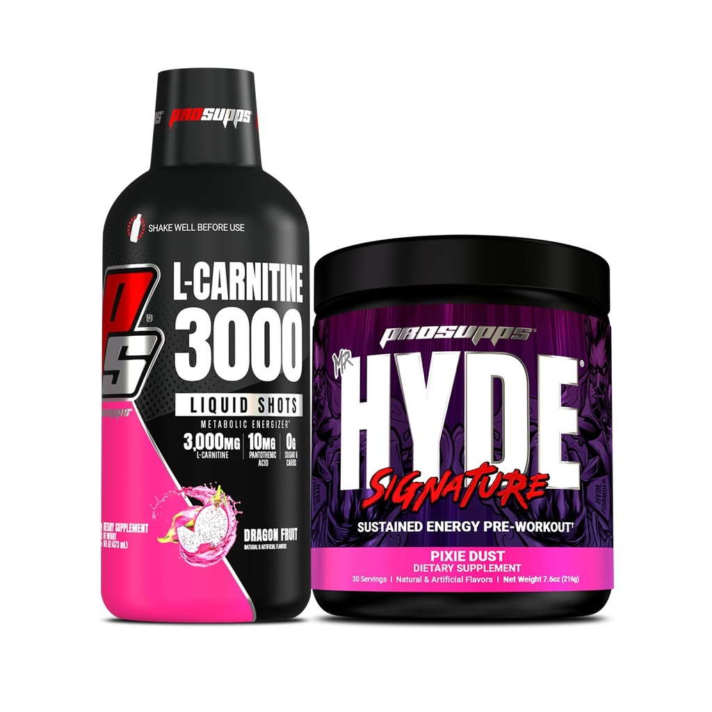 PROSUPPS L- Carnitine 3000 Stimulant Free Liquid Shots (31 Serbu Bebas, Dragon Fruit) dan Mr Hyde Signature Series Pre-Workout Energi Minuman (30 Serbu, Debu Pixie) Bundle