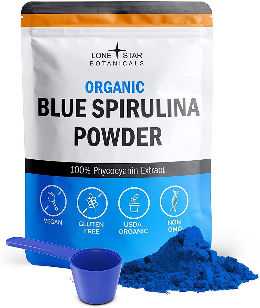 Lone Star Botanicals Organic Blue Spirulina Powder - 100% Pure Blue- Green Algae, No Fishy Smell, Vegan Superfood for Smoothies & Minuman, Non GMO, Gluten- Free, Vegan
