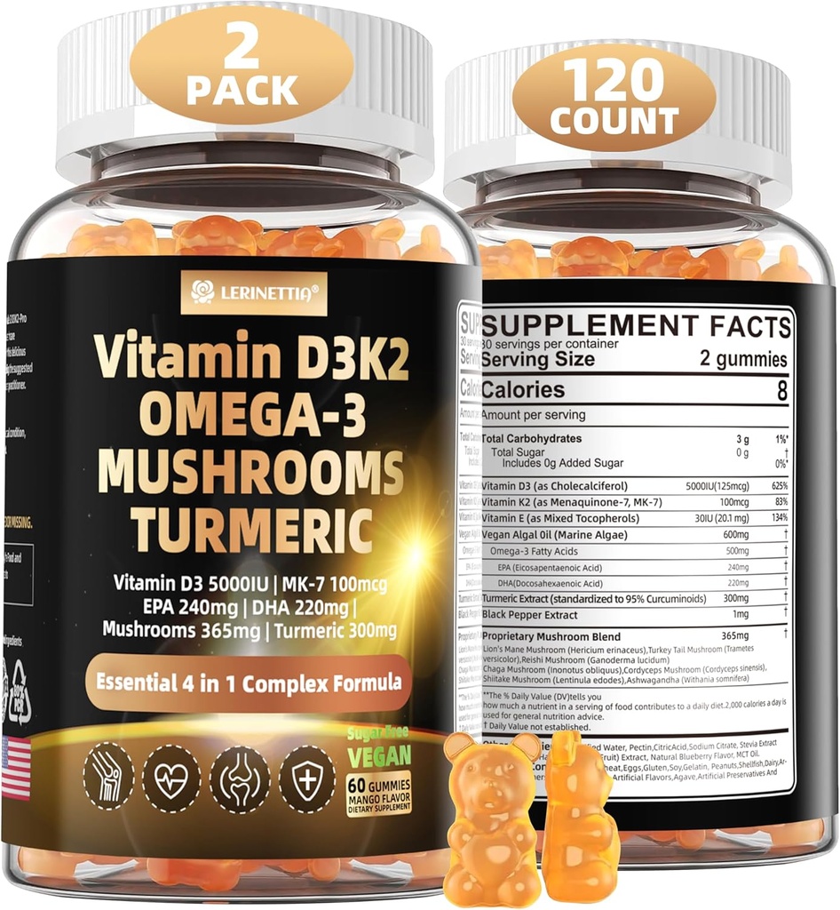 Vitamin D3 5000iu (125mcg) + Vitamin K2 (MK7) Gumies dengan Algae Omega 3 124; Maksimal Kekuatan Vitamin D3 + K2 124; untuk Bone, Teeth, Energy, Imune, Calcium Absorpsi - Vegan, Sugar Free, 120Ct