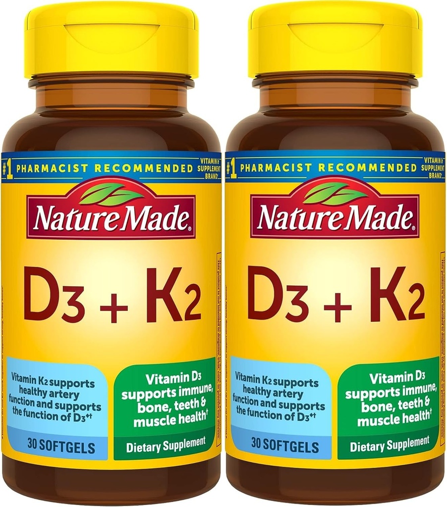 Nature Made Vitamin D3 K2, 5000 IU (125 mcg) Vitamin D, Dietary Suplemen Bone, Teeth, Muscle and Immune Health Dukung, 30 Softgel, 30 Hari Supply - Paket 2