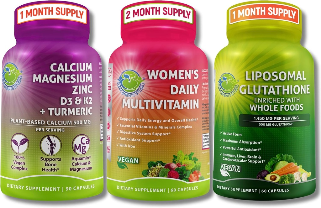 Vegan Bone & Imune Support Bundle - Lipomal Glutathione 500mg with Organic Whole Foods + Women 's Multivitamin with Iron & Plant