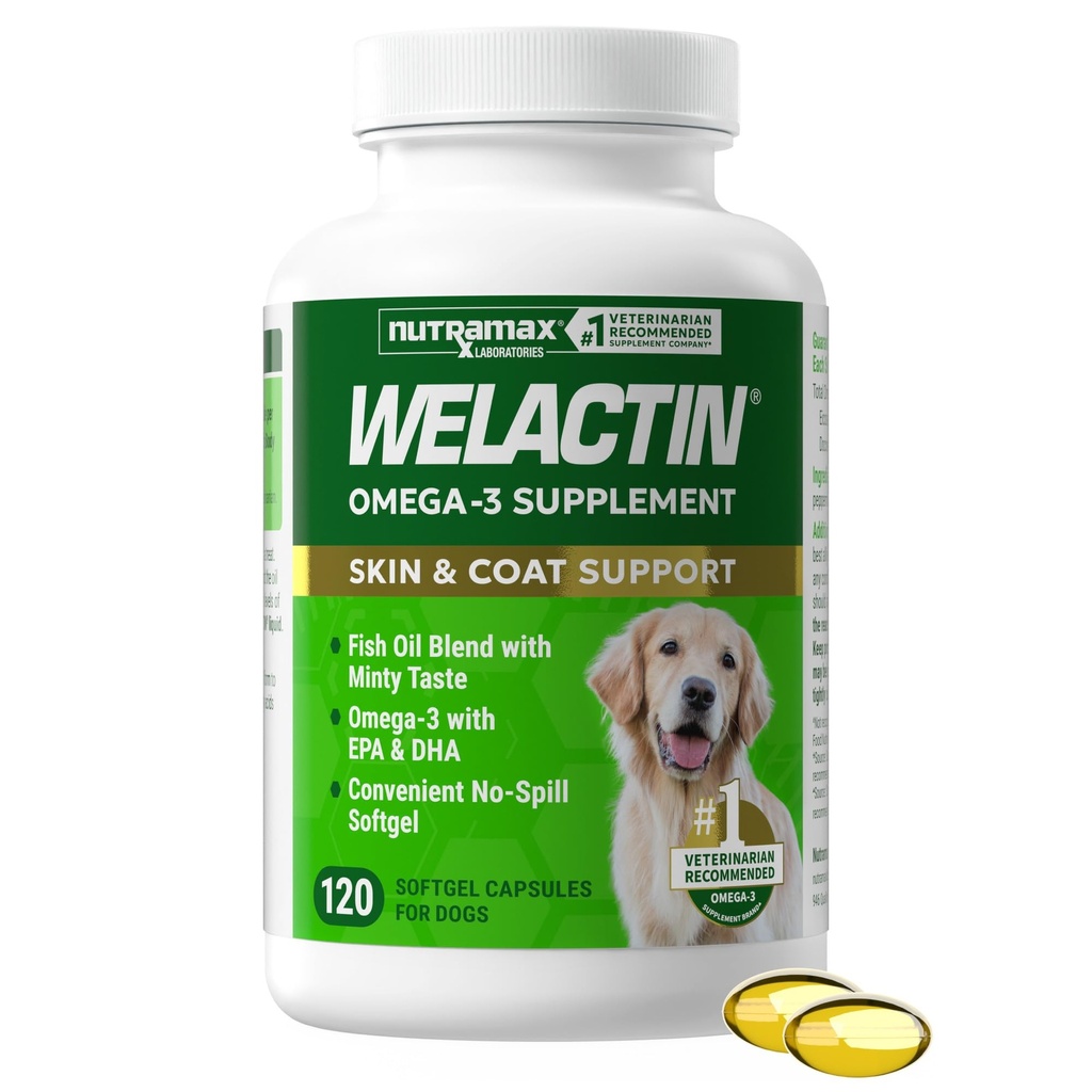 Nutramax Welaktin 3 - Canine 120 - Softgel Caps, Welactin Omega- 3 Skin dan Coat Dukungan
