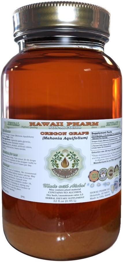 Hawaii Pharm Oregon Grape Alcohol- Free Liquid Extract, Oregon Grape (Mahonia aquifolium) Root Kering Glycerite Natural Herbal Supplemen, USA 32 f.oz