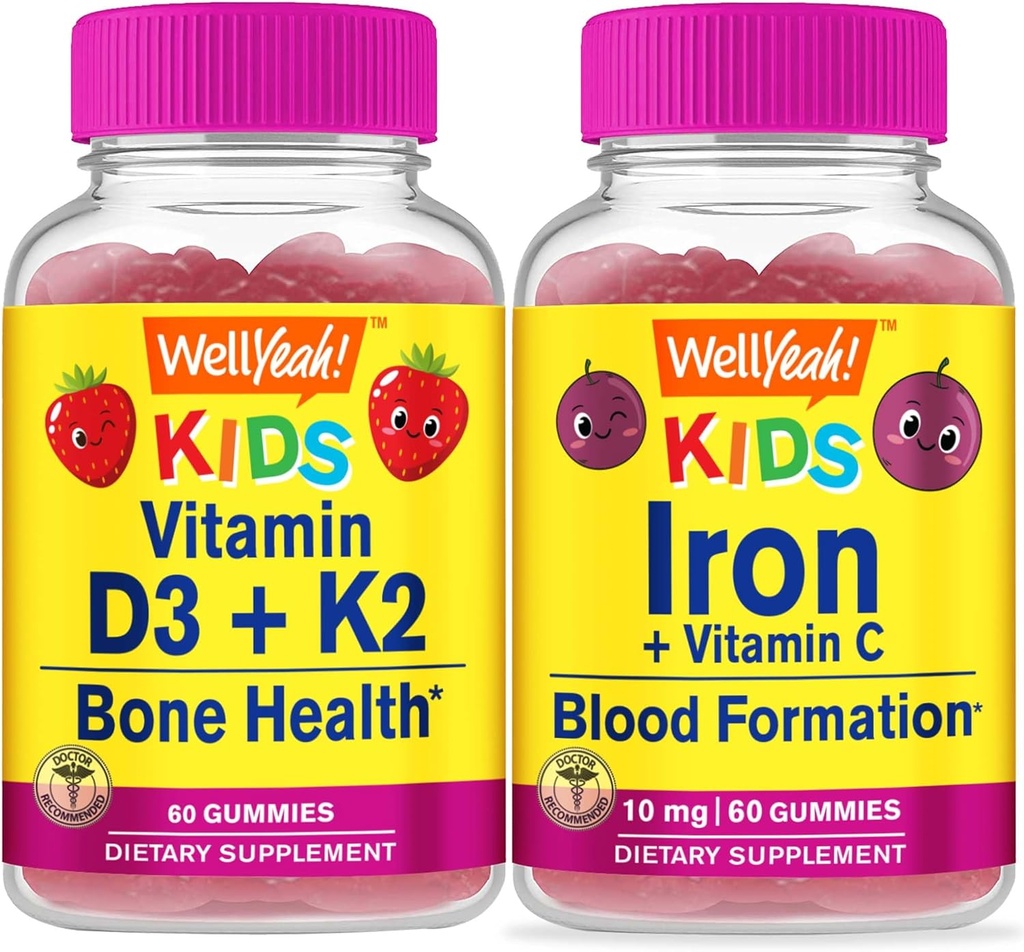 Welly Yeah Vitamin D3 + K2 Kids + Iron + Vitamin C Kids, Gummies Bundle - Great Tasting, Vitamin Suplemen, Gluten Bebas, GMO Bebas, Gummy Chewable