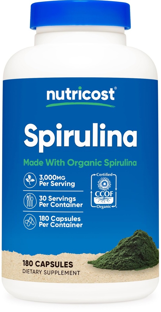 Spirulina Nutresses 3.000mg, 180 Capsules untuk 30 Pelayan - CCOF Disahkan Dibuat dengan Spirulina Organik, Gluten Bebas, Vegetarian