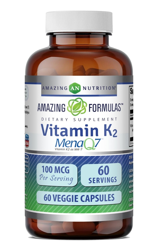 Amazing Formulas Vitamin K2 Menaq7 MK7 Suplemen 124; 100 Mcg 124; Veggie Capsules 12.4; Non-GMO 124; Gluten Bebas 124; Dibuat di USA (1 Pack, 60 Count)