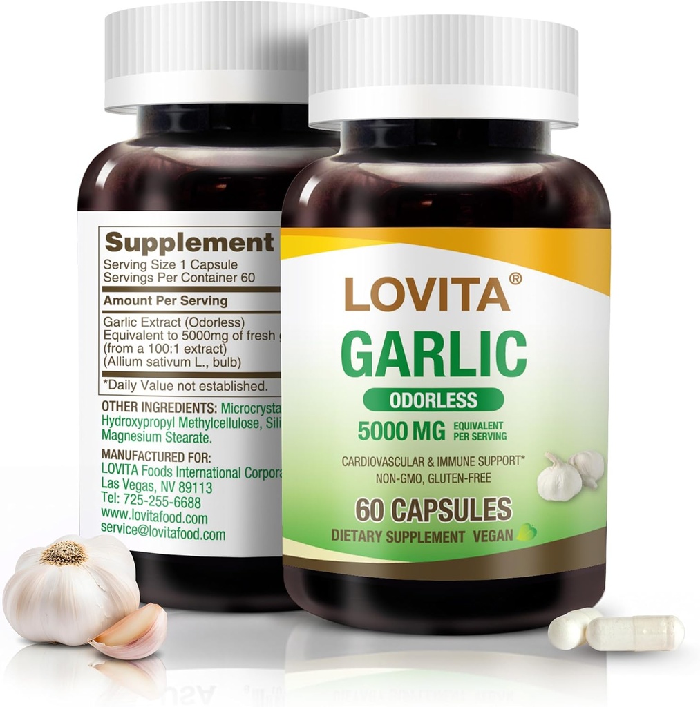 Lovita Odorless Bawang putih Capsules, 5000mg Fresh Requality, 1.25% Ekstrak Allitin, Supports Heart, Blood Pressure, Cholesterol & Ammune System, Non-GMO, Gluten- Free, 60 Vegan Capsules