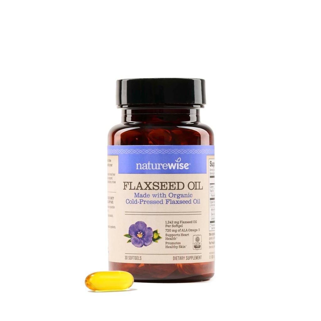 Naturewise Flaxseed Oil 1200 mg, Fish Free Omega 3 6 9 with 720mg ALA, Dietary Support for Heart Health - Organic, Cold Press, Non-GMO - 30 Softgels [1-Month Suppply]