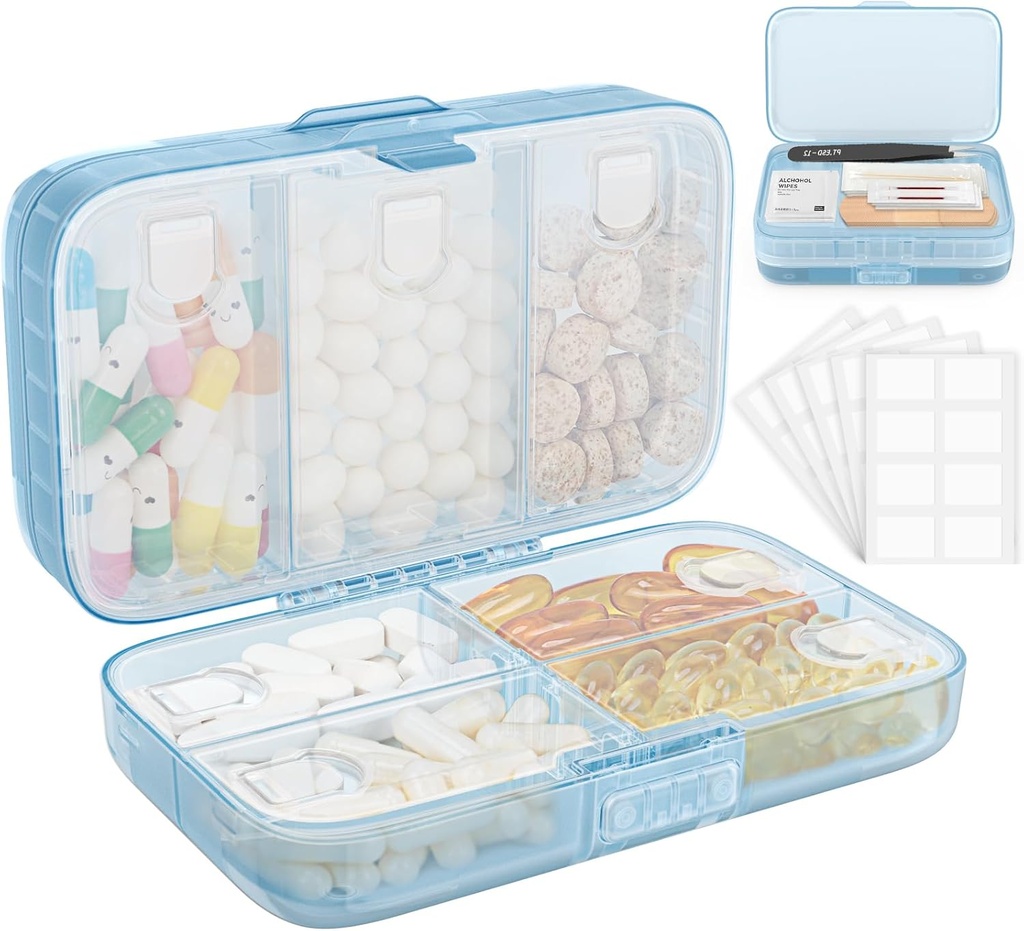 FYY Weekly Pill Organizer dengan Label, 8 Comments Travel Daily Pill Case Airtight Moistureproof Kotak Pil Besar untuk menahan Vitamin, Minyak Ikan, Suplemen, Cotton Swab dan Bandags-Blue