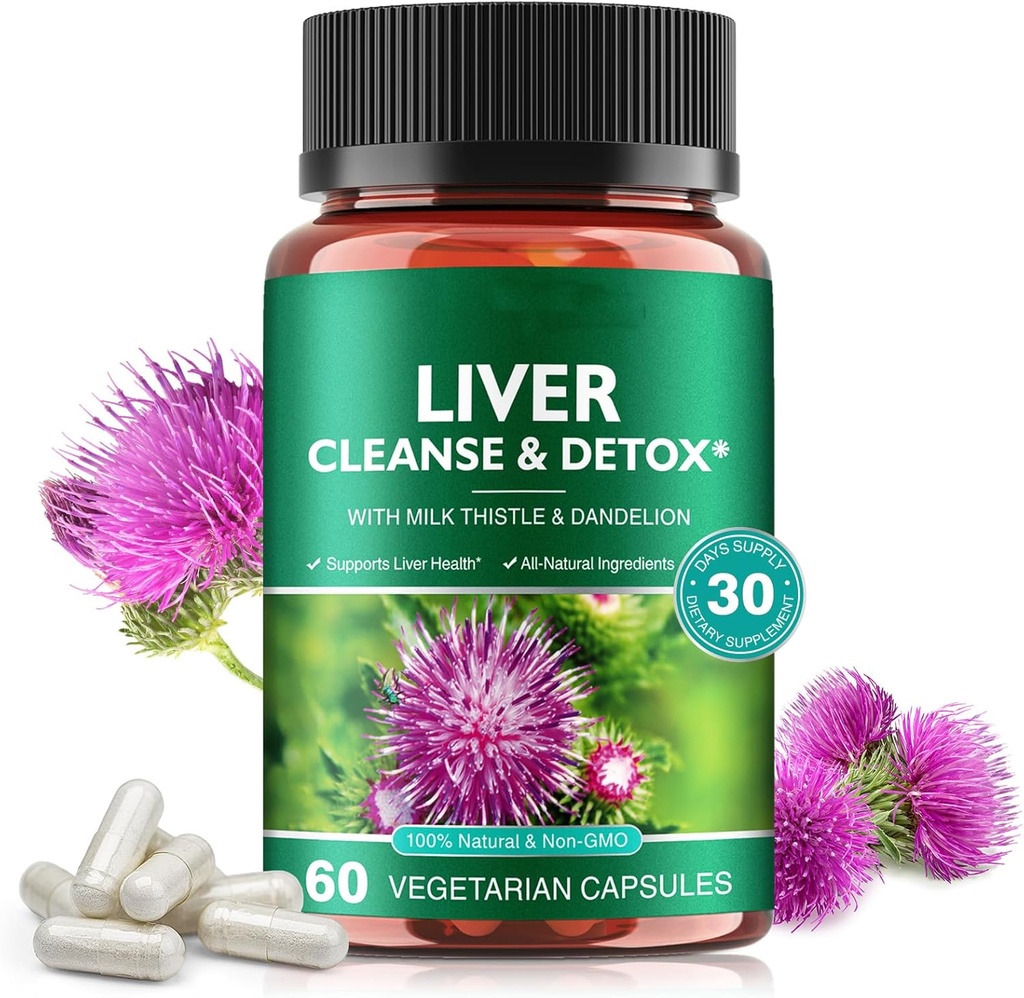 Liver Cleanse & Detox Pil untuk Perbaikan Kesehatan Liver - dengan Ekstrak Thistle Milk, Root Dandelion, Ginger, Beetroot Powder & Vitamin - Dukungan Natural Liver, 60 Vegan Capsules