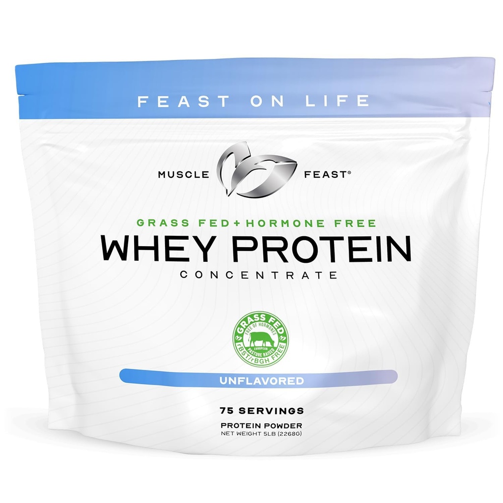 Muscle Feast Grass- Fed Whey Protein Conduction Powder, All Natural, Hormone Free Pageous Reased Whey Pounder for Women & Men, Clean, Non-GMO & Gluten Free Whey Konsentrat - Tanpa Rasa, 5lb
