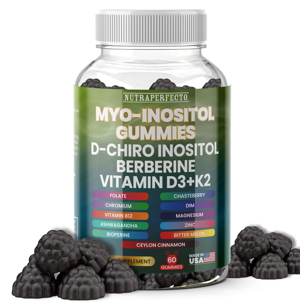 Sugar Free Myo- Inositol & D- Chiro Inositol Gummies for Women, Berberine Vitamin D3 K2 Magnesium Glycinate Oxide L- Methylfolat untuk Perempuan, Kesuburan, Keseimbangan Hormone, PMS, Kesehatan Ovarian