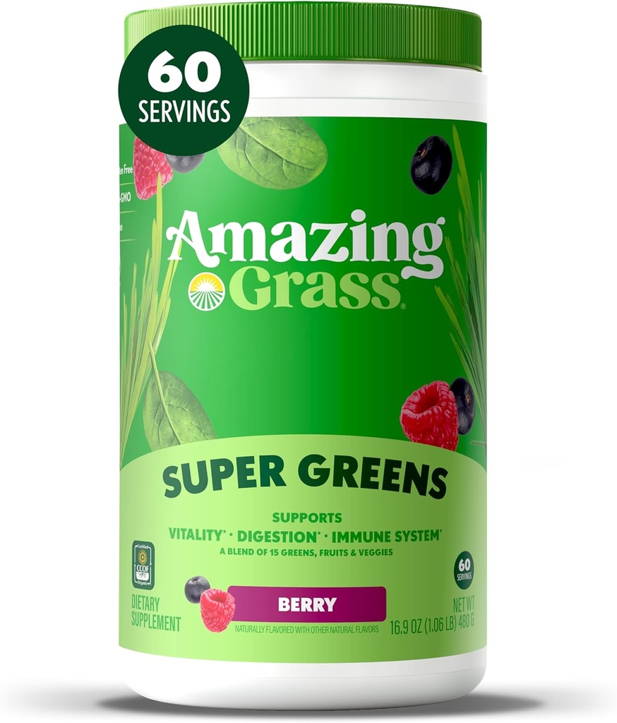 Amazing Grass Greens Superfood: Super Greens Powder Smoothie Mix dengan Spirulina, Chlorella, Beet Root Pouder, Enzymes Digevical & Prograce, Berry, 60 Servings (Packaging May Wary)