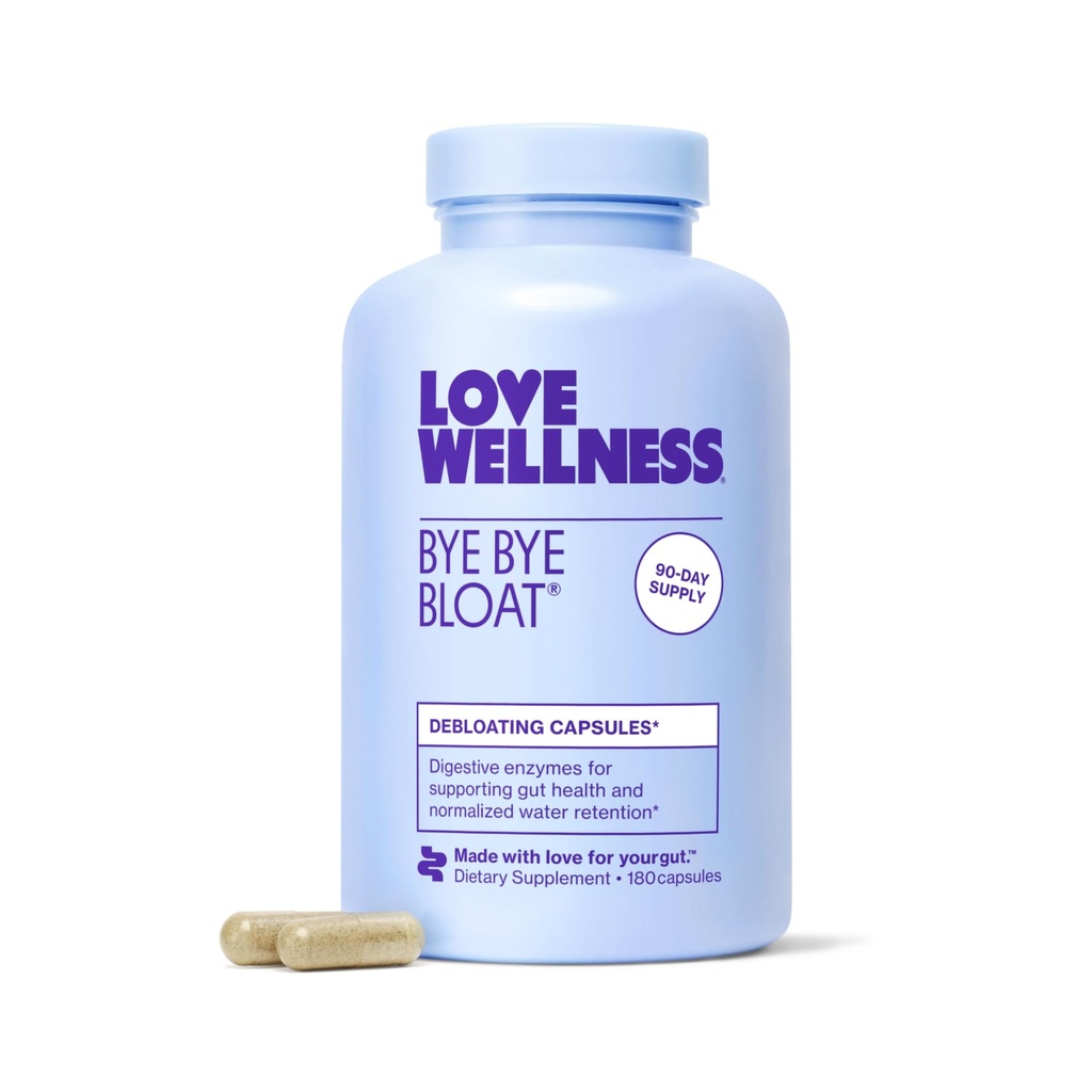 Love Wellness Bye Bloat, Enzymes Digevicatif 124; Bloating Relief for Women 124; Help Reduce Gas Relief & Water Retention 124; Supports Digegreek Health dengan Fenugreek & Dandelion 124; 180 Count