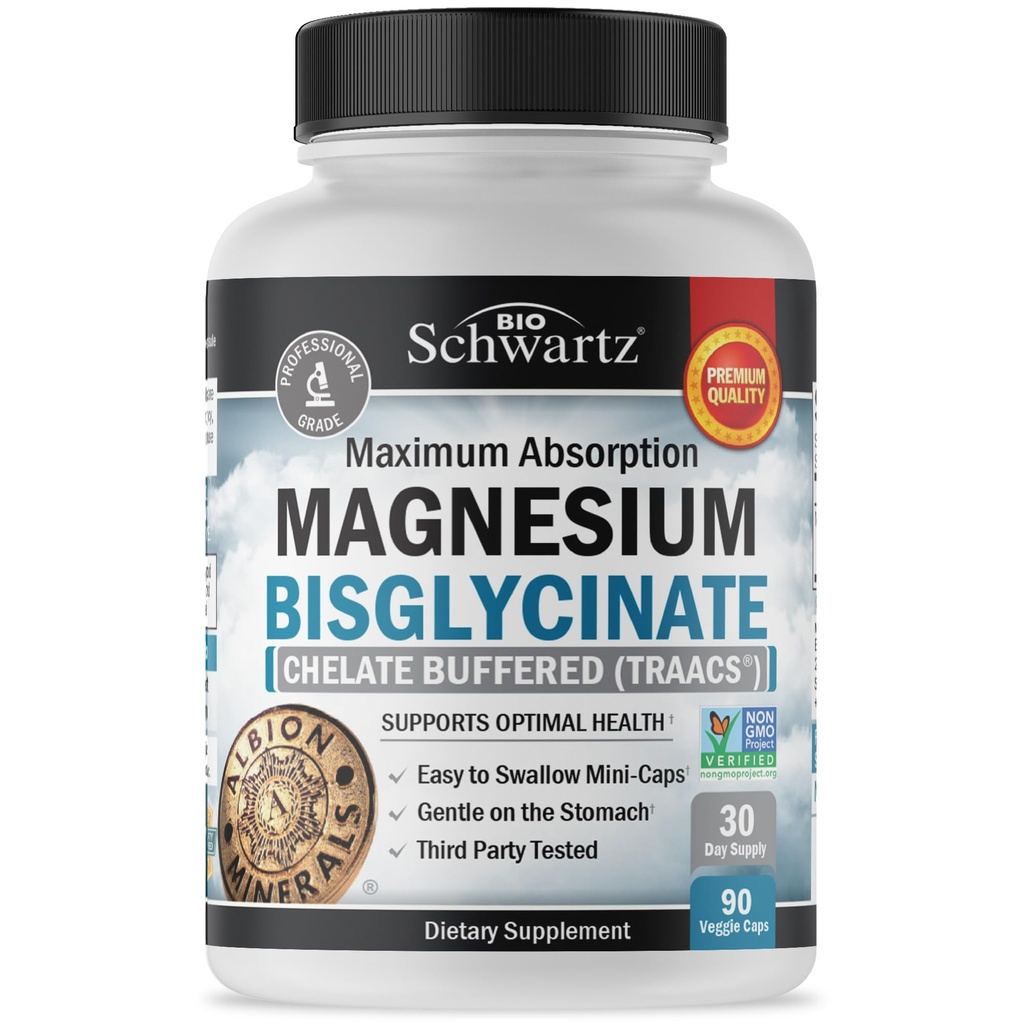 Magnesium Bisglycinate 100% Chelate No- Laxative Effect - Maksimum Absorpsi & Bioavability, Fully Readed & Buffered - Healthy Energy Muscle & Joint Support - Non-GMO Project Verifikasi - 90 ct