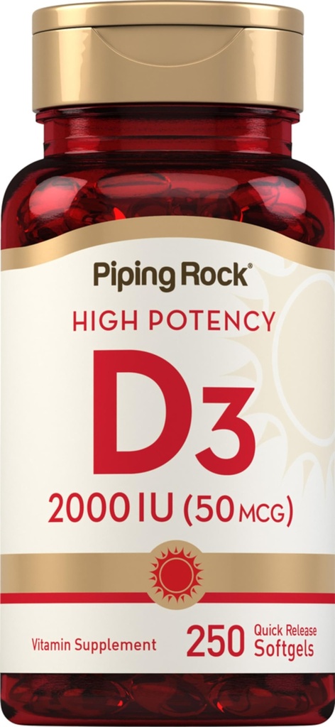 Piping Rock Vitamin D3 2000 IU 124; 250 Softgeels 124; Potency Tinggi 124; Cholecalferol Supplemen 12.4; Non- GMO, Gluten Bebas