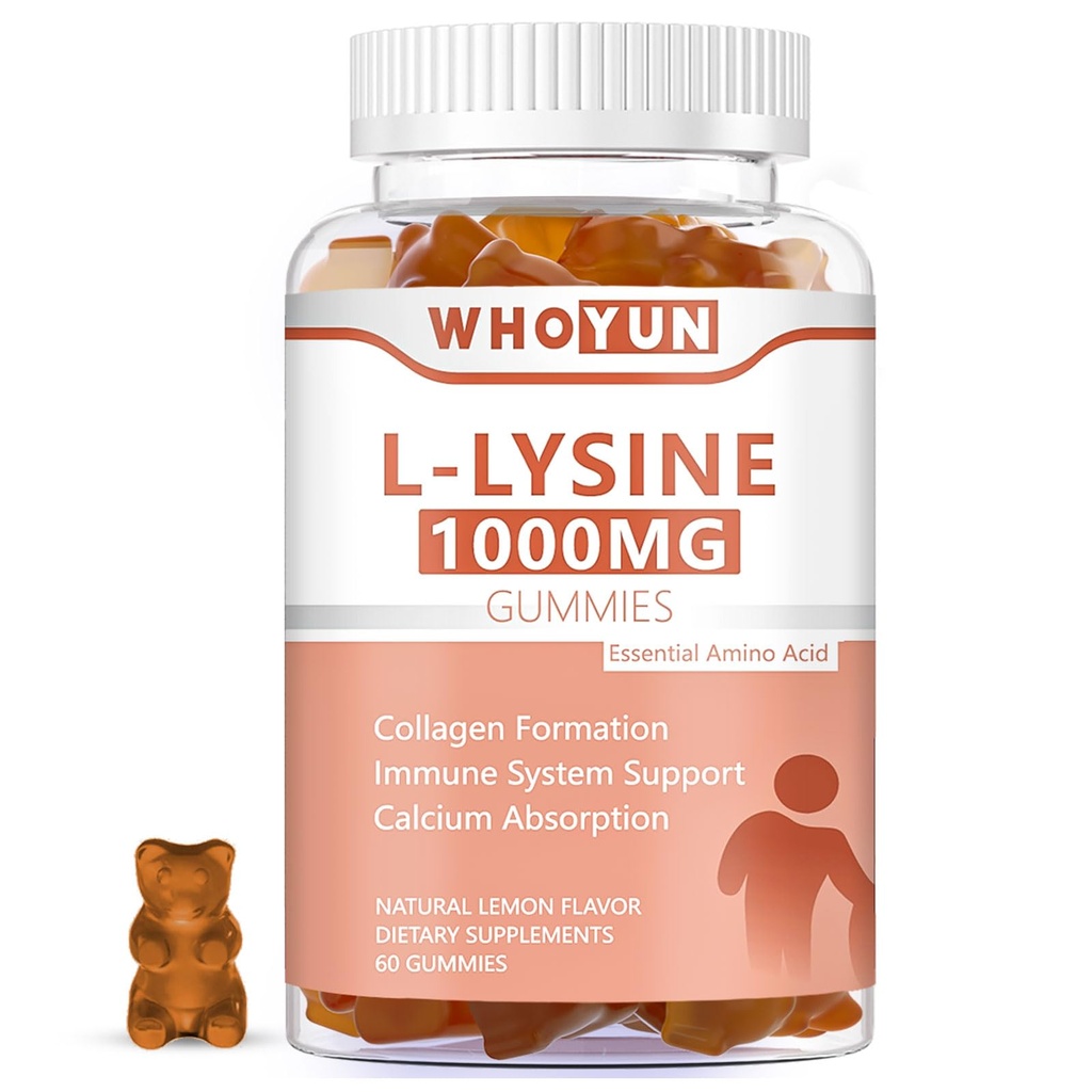 L- Lysine 100mg Gummies, Suplemen Lysine Chewable untuk Dewasa, Dukungan Imune, Dukungan Formasi Collagen, Lemon Flavor, 60 Count