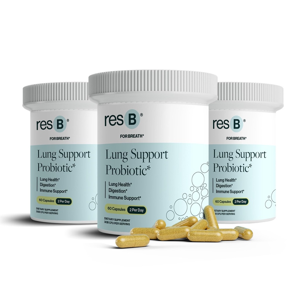 resbiotic resB Lung Dukung Probiotic Suplement - Lung Health Suplement for Smokers, Gut Health, Imune Adport, Respirate Care, Holy Basil, Turmeric, Clinical Tricly - 180 Capsules (3 Botol)
