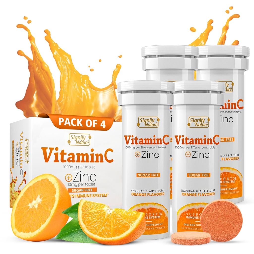 SlGNIFY NATURE Vitamin C 1000mg Effervescent Tablet - Profestiune Dukung VIT C dengan suplemen Zinc - Sugar- Free ForVegan Formula 124; Dissolvable Vitamin C Tablet - Air Soluble Fizzy Elixir - 40CT