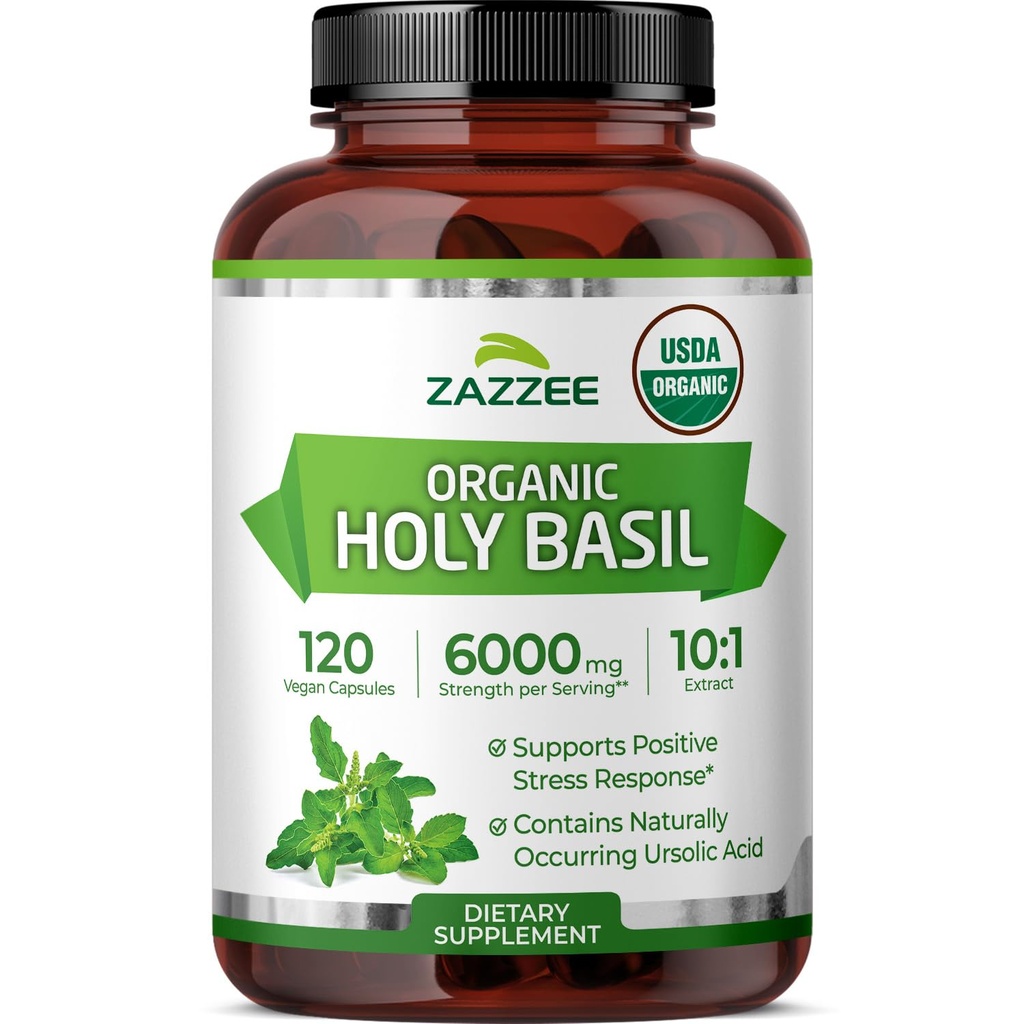 Zazzee USDA Organik Basil Suci 10: 1 Ekstrak, 6000 mg Kekuatan, 120 Vegan Capsules, konsentrasi dan standardisasi 10X Tulsi Ekstrak, Acid Ursolic, 100% Sertifikasi Organik, Non-GMO