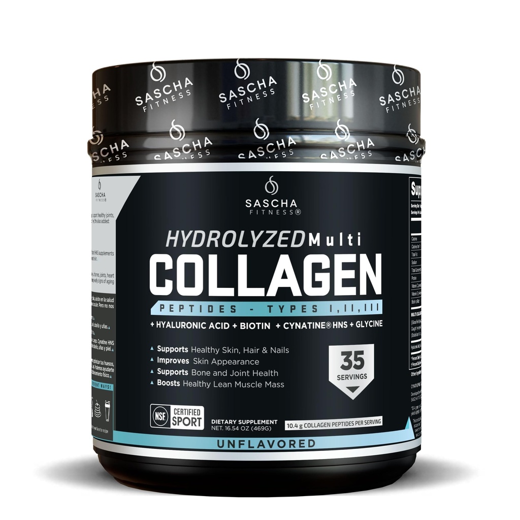 SASCHA FITNESS Hydrolyzed Multi Collagen Peptides 1,2 & 3 Amper4; Acid Hyalanic Acid 124; Biotin 124; zinatine HSN 124; Vitamin C & E & E 124; untuk Hairs, Skin & Bone Duck 1244; Unsagraned