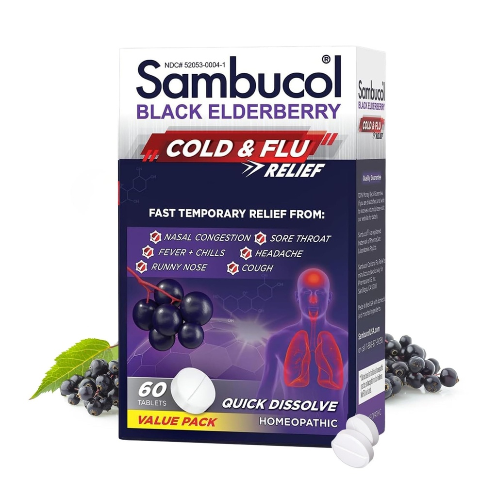 Sambucol Cold and Flu Relief Tablet - Homeopathic Cold Medicine, Cold Remedy for Adults, Black Elderberry for Colds, Zinc Cold Remedy - 60 Count