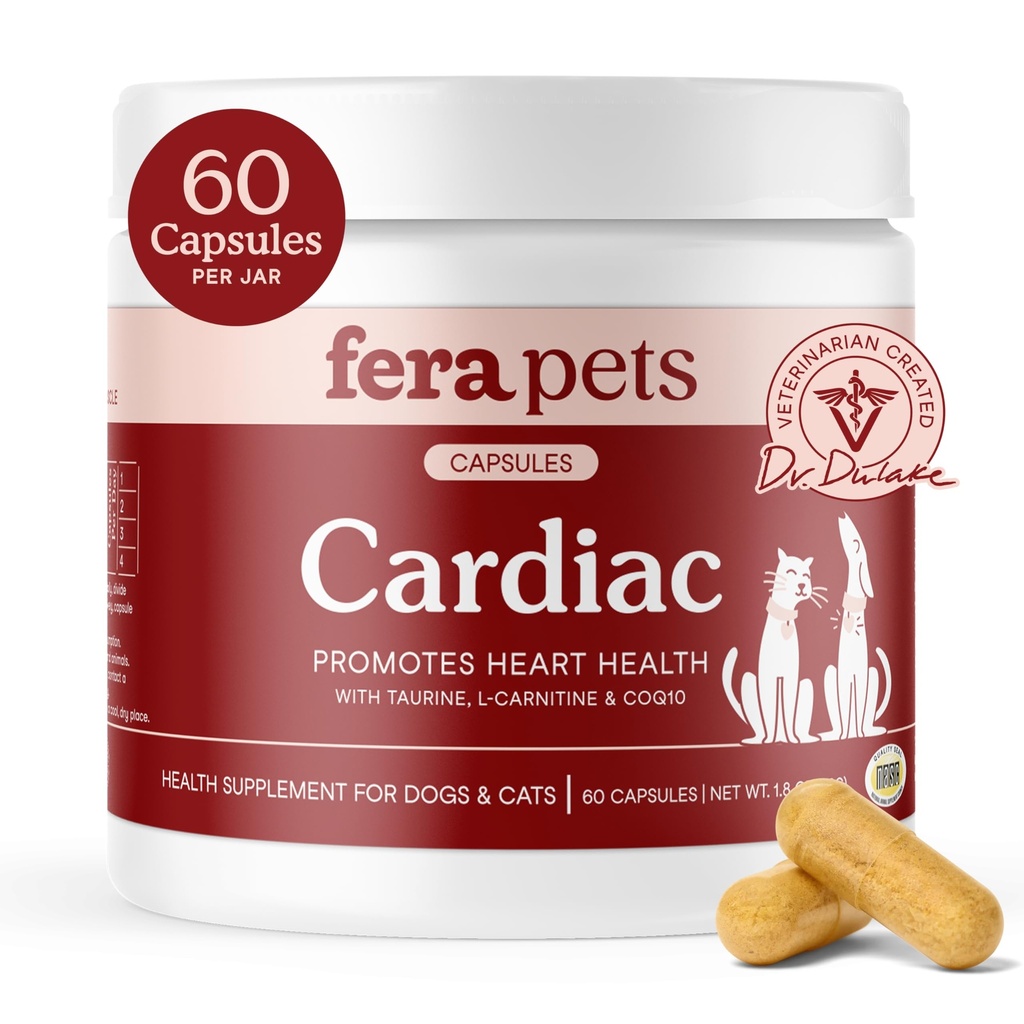 Fera Pets Cardiak Suplemen Jantung Kucing & Dog dengan Taurine, L- Carnitine, & CoQ10 - Promoses Sirkulasi Normal dan Heartbeat - 60 Kapsul