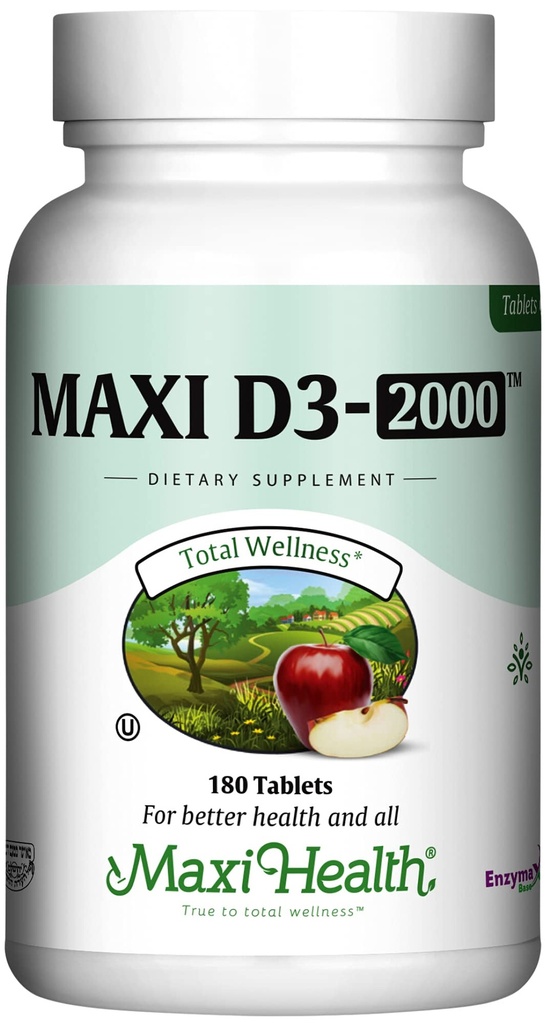 Maxi Health Kosher Vitamin D3 2000IU - Sangat Absorbable Vitamin D Suplemen untuk Respon Imune Sehat, Calcium Absorpsi, Teeth & Bone Health - D3 Vitamin 2000 IU - 180 Tablet