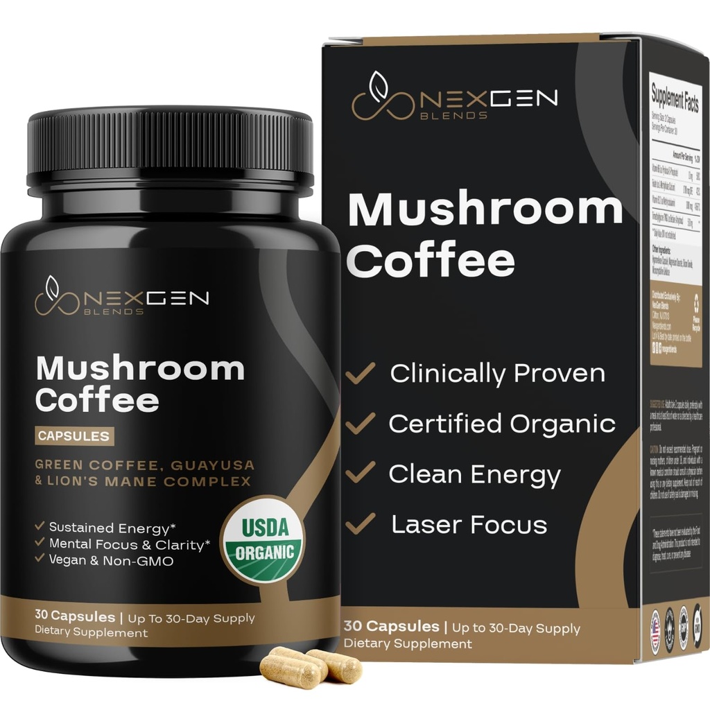 100% Jamur Organik Kasules - Suplemen Energi Alam dengan 130mg Caffeine dari Clinically Proven Patented Green Coffee Bean & Guayasa Ekstrak untuk Energi Bebas & Fokus (30 Servis)