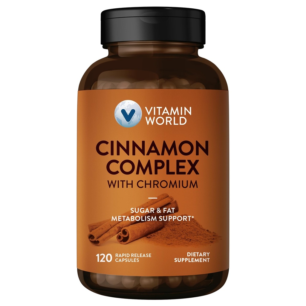 Kompleks Vitamin World Cinnamon dengan Chromium, 1000 mg Cinnamon Suplemen dengan Chromium Potency Tinggi untuk Metabolisme Kesehatan & Perlindungan Antiokhidant, 120 Kasules, 2 Bulan Gratis Gluten