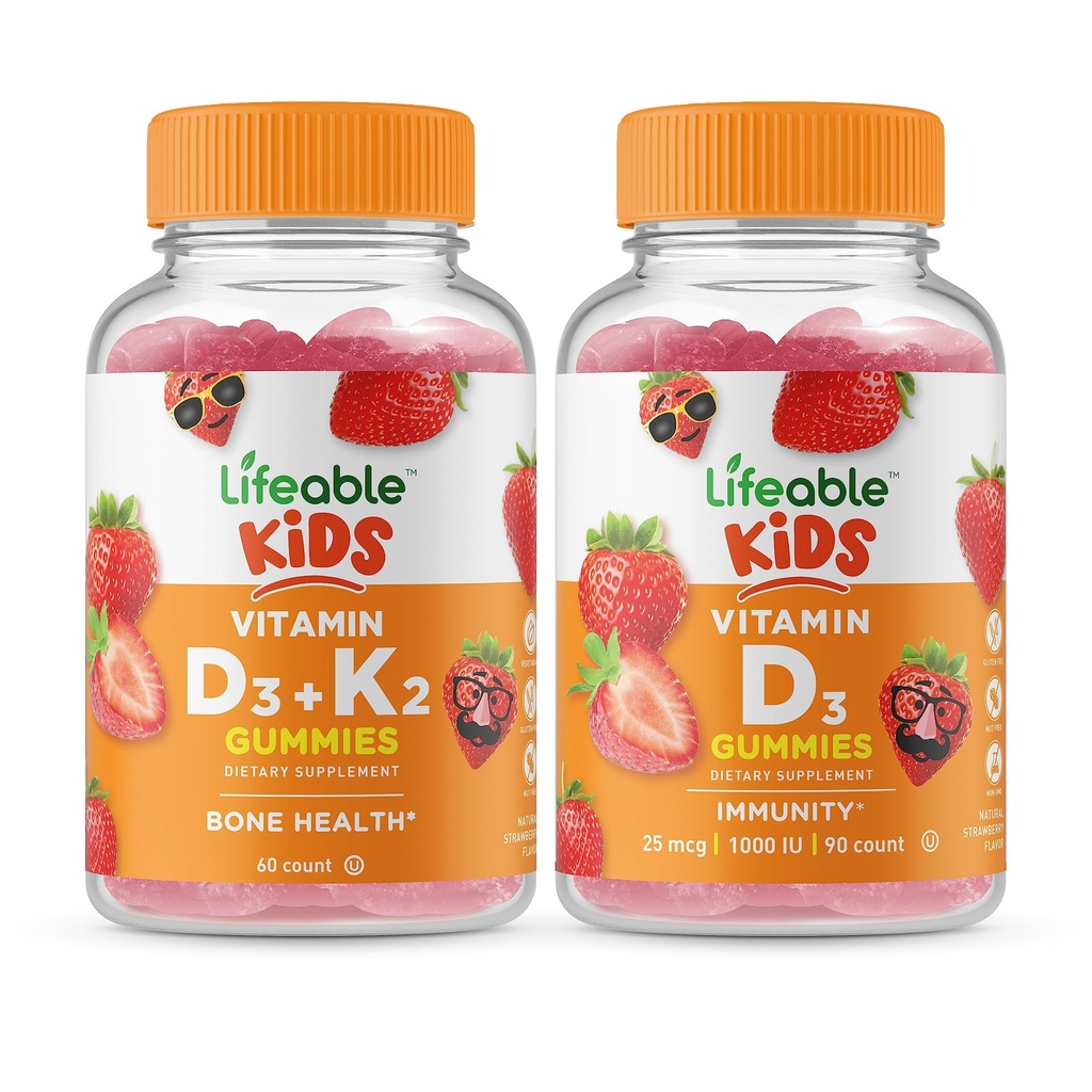 Lifeable Vitamin D3 + Vitamin K2 Kids + Vitamin D Kid, Gummies Bundle - Great Tasting, Vitamin Suplemen, Gluten Bebas, GMO Bebas, Gummy Chewable