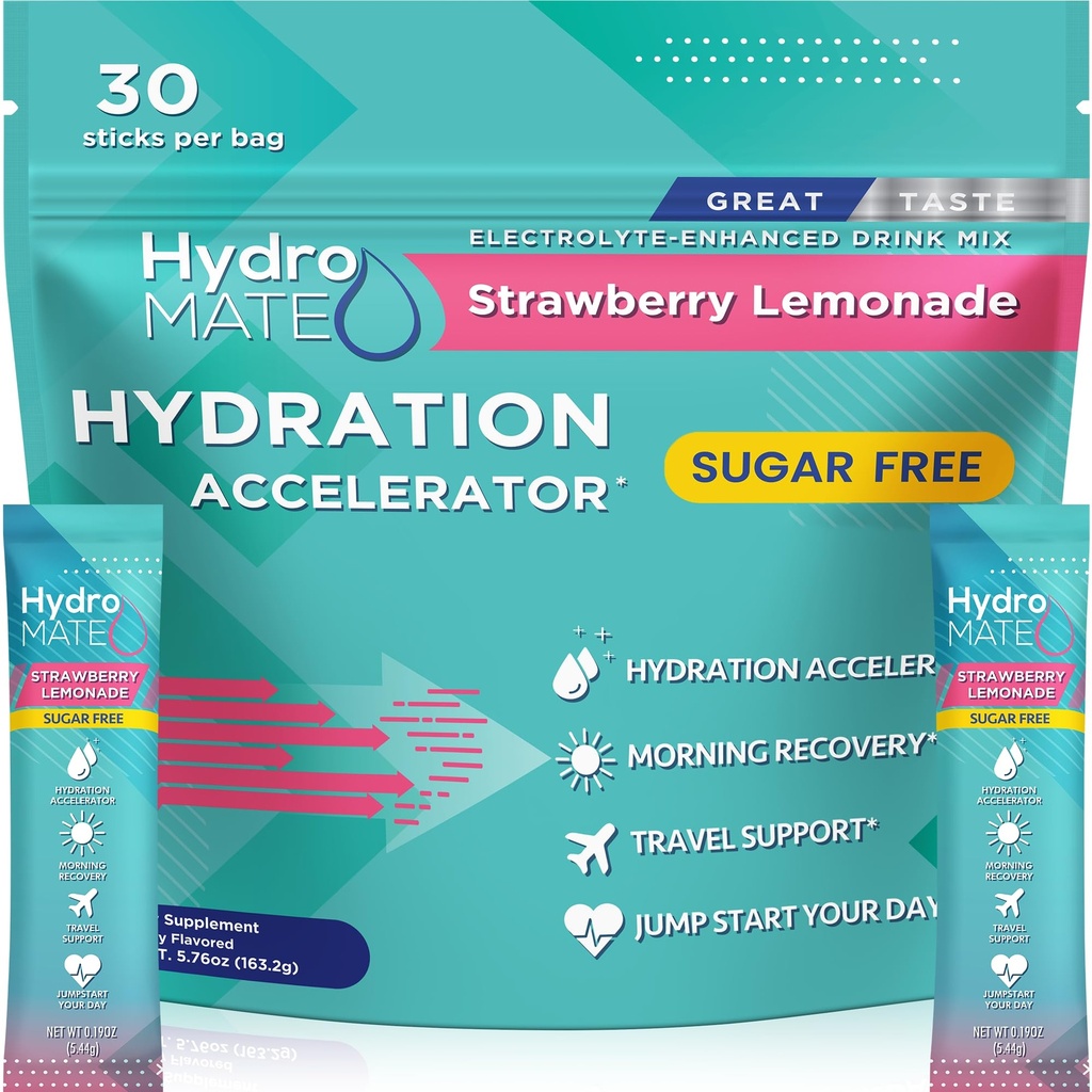 Electrolite Powder Sugar- Free Hydration Packet Strawberry Lemonade HydroMATE 30 Sticks