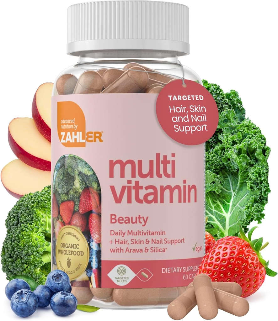 Zahler Multivitamin Beauty, Daily Multivitamin + Skin Hair dan Nails Dukungan, untuk Perempuan dan Pria Dengan Besi, Bersertifikat Kosher, 60 Kapsul