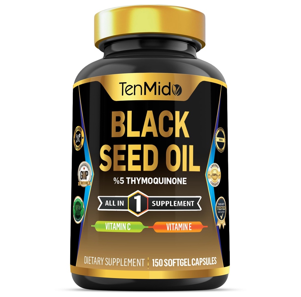 Black Seed Oil Capsules Supplemen - 4in1 Formula - Combine with Vitamin C, Vitamin E - Digetical Health, Imune Dukungan - Rich in Nutrient - 150 Softgel Capsules
