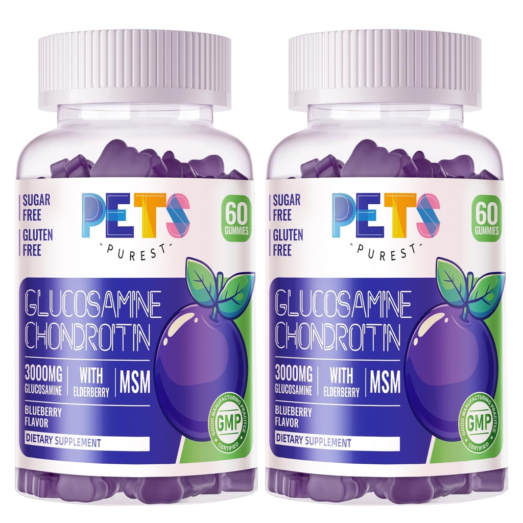 Pets Purest Glucosamin Chondroitin Gummies dengan MSM & Elderberry Extra Strength - Dukungan Bersama, Suplemen Dukungan Ammune Antioksidant untuk Dewasa, Pria & Perempuan.