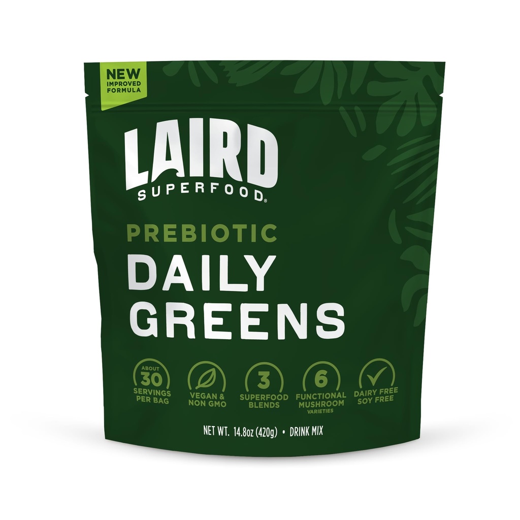 Laird Superfood Prebiotic Daily Greens Powder - Esonable Vitamin & Minesin - Prebiotic Fiber, Adaptogen dan Buah - Supports Gut Health - Non-GMO, Vegan - 14.8 oz Bag, Paket 1