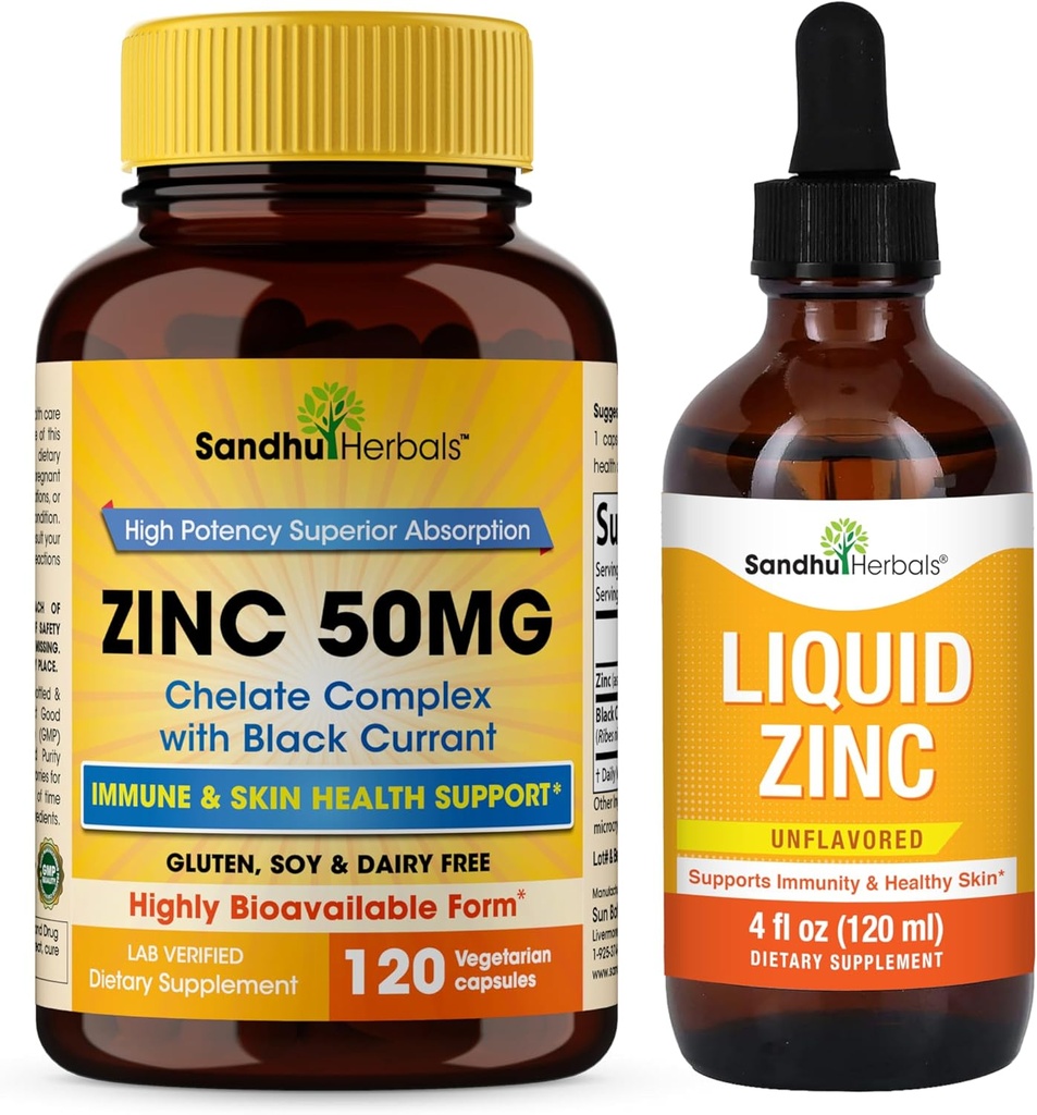SANDHUHERBALT Zinc 50mg Capsules Bundle dengan Liquid Zinc Drops £124; Pendukung Kesehatan Imune & Skin