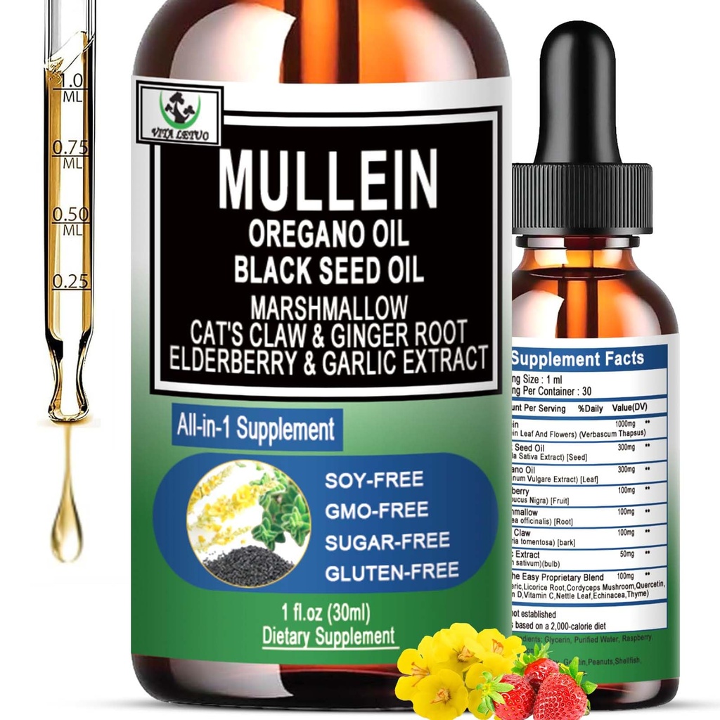 16- in 1 Mullein Drops Organic Mullein untuk Lungs 124; Mulein Ekstraksi Leaf w / Oil dari Oregano dengan Minyak Benih Hitam 126; Non-GMO & Gluten Free Respiratory Health Drops 124; Mullein Cleanse for Smokers
