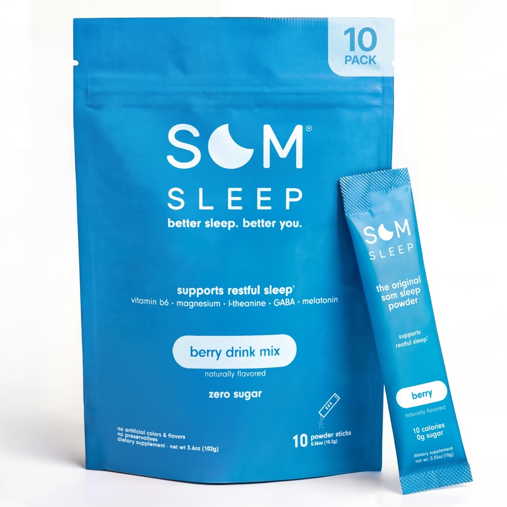 Som Sleep, Calm Sleep Powder Drinder Mix, 3mg Melonatin, Magnesium, Vitamin B6, L- Theanine & GABA - Vegan, Zero Sugar, Keto Friendly - Berry, 10- Pack