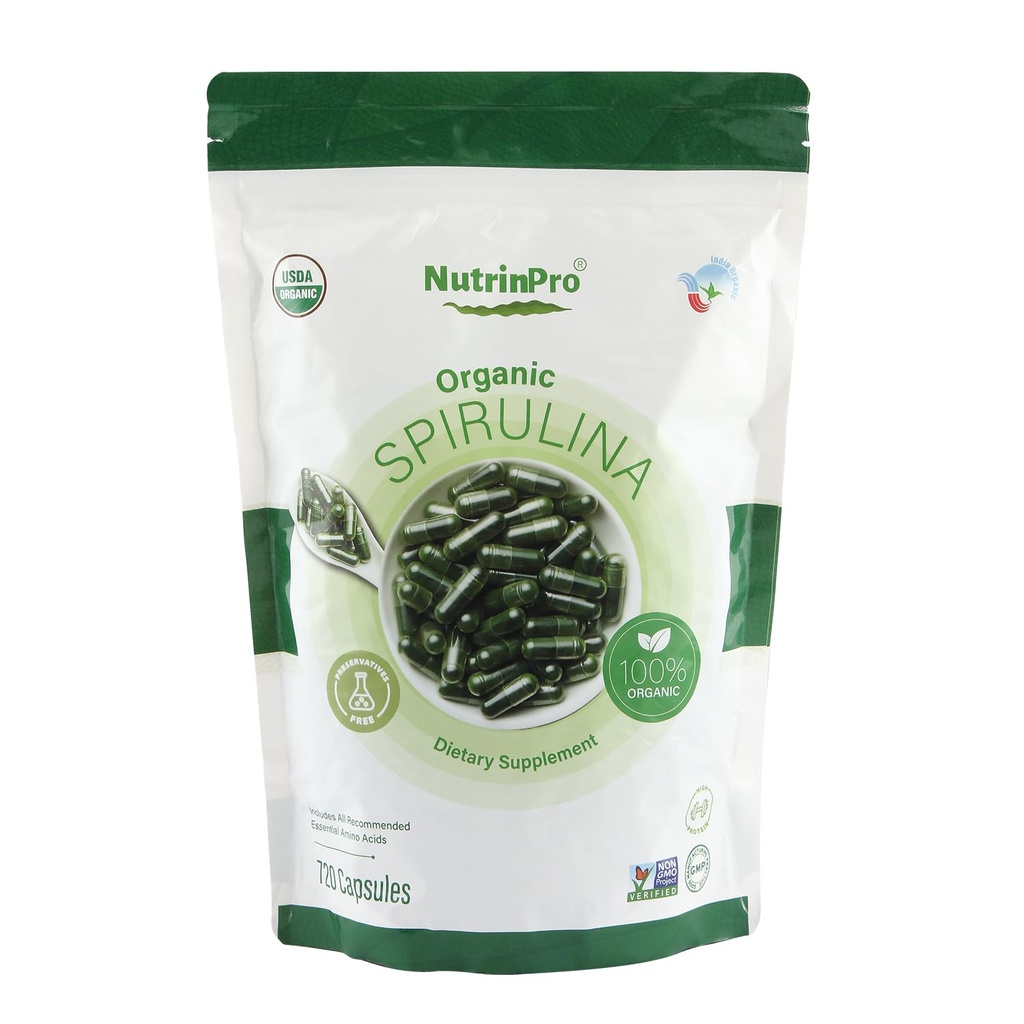 NutTRINPRO USDA Organik Spirulina Kapsul - 100% Suplemen Vegan Murni, Non-GMO, Gluten- Bebas, Kimia - Bebas, (720)
