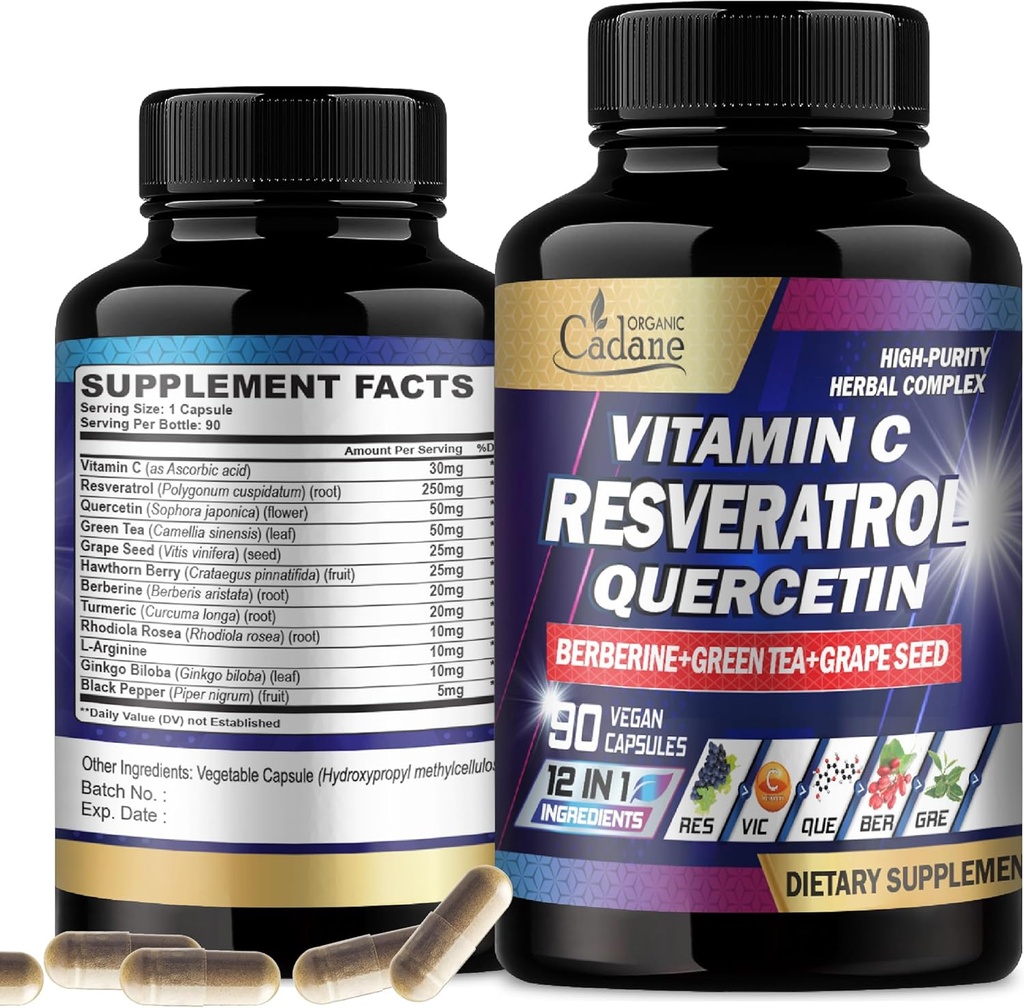 Cadane Reveratrol Organik Tambahan - 12in1 Dicampur dengan VIT.C, Quercetin, Berberine, Turmeric, Green Tea & More - 90 Capsules 3 Bulan