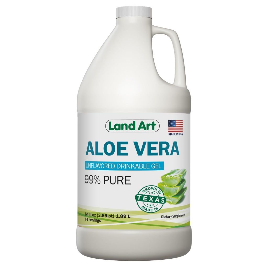 Land Art - Organic Aloe Vera Drinkable Gel untuk Heartburn & Acid Reflux Relief - 99,7% Murni - Cold- Proses Kesehatan Digetical - Suka dan Natural - Vegan & Gluten- 64 fl oz