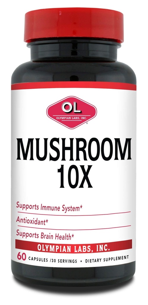 Lab Olympian 10X Mushroom Suplemen Kapsul - Comprehensive Formula Supporting Immune System, Antioksidant, Brain Health - 60 Capsules (30 Pelayan)