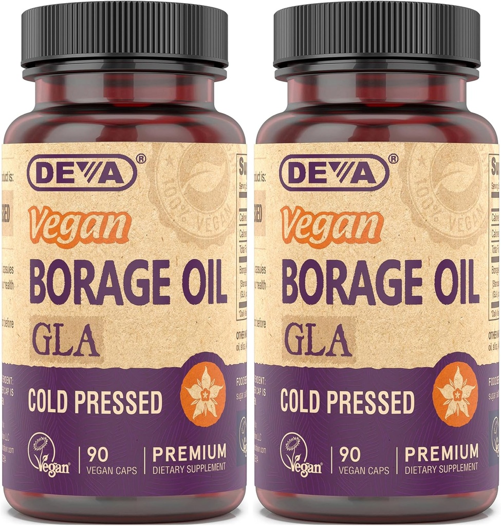 DEVA Vegan Vitamin, Borage Oil 500mg, Sumber dari Omega- 6 Fatty Acid GLA (Acid linolenic Gamma), Cold- Menekan & Unfure, 90 Tablet (Paket 2)