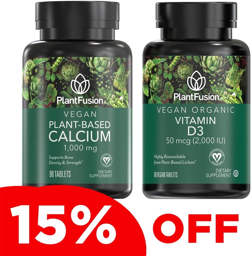 PlantFusion Vegan Kalsium & D3 Bundle - Premium Plant Based Calcium 1000mg dan D3 2000IU Suplemen untuk Pembangunan Tulang, Density, dan Kekuatan & Imune Dukungan