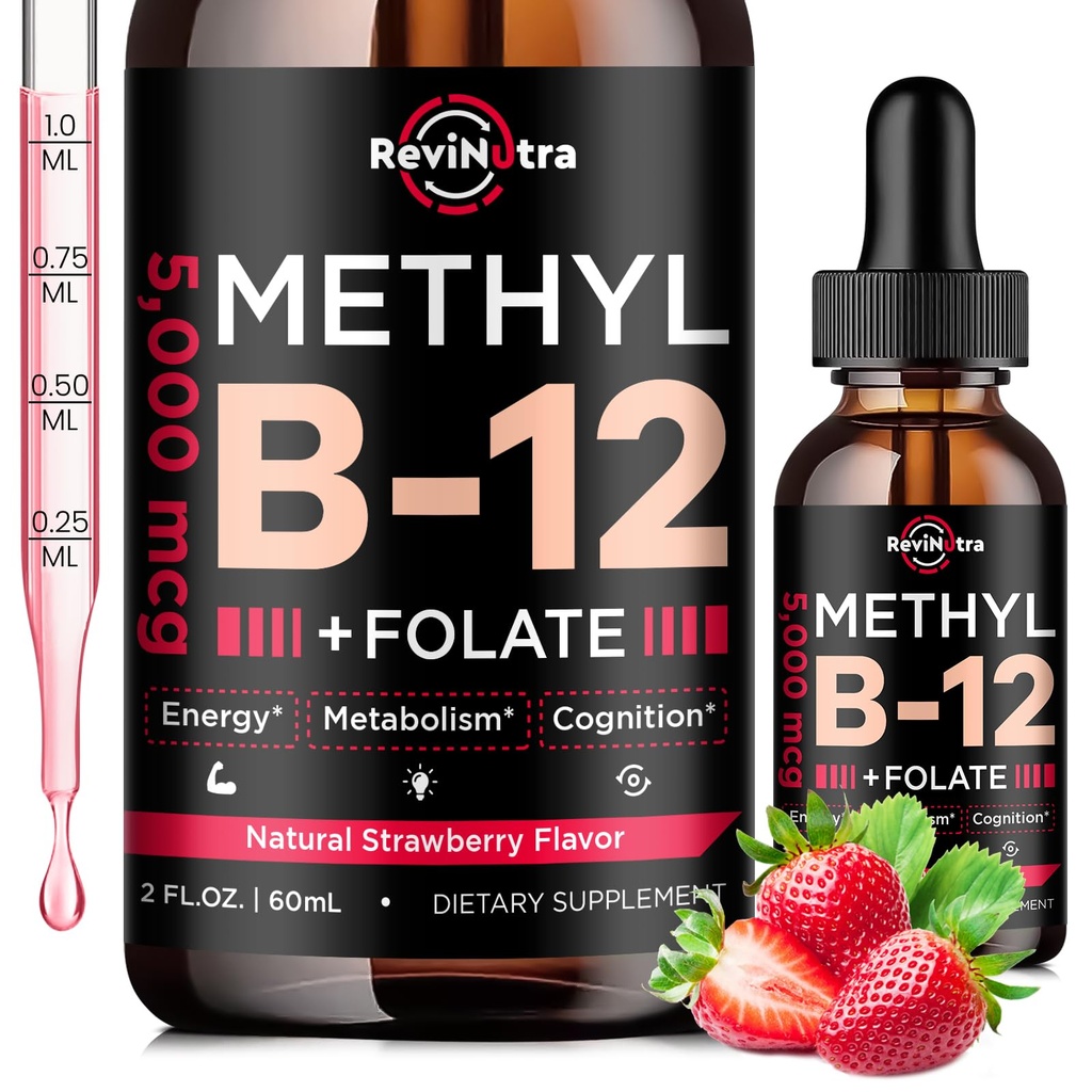 Vitamin B12 cairan Drops, B12 vitamin 5000 mcg, Vitamin B Kompleks dengan Methylcobalamin B12 Sublingual, Vitamin B6, Felope for Energy, Brain, Heart Health, Vegan Strawberry Flavor 2 Fl Oz
