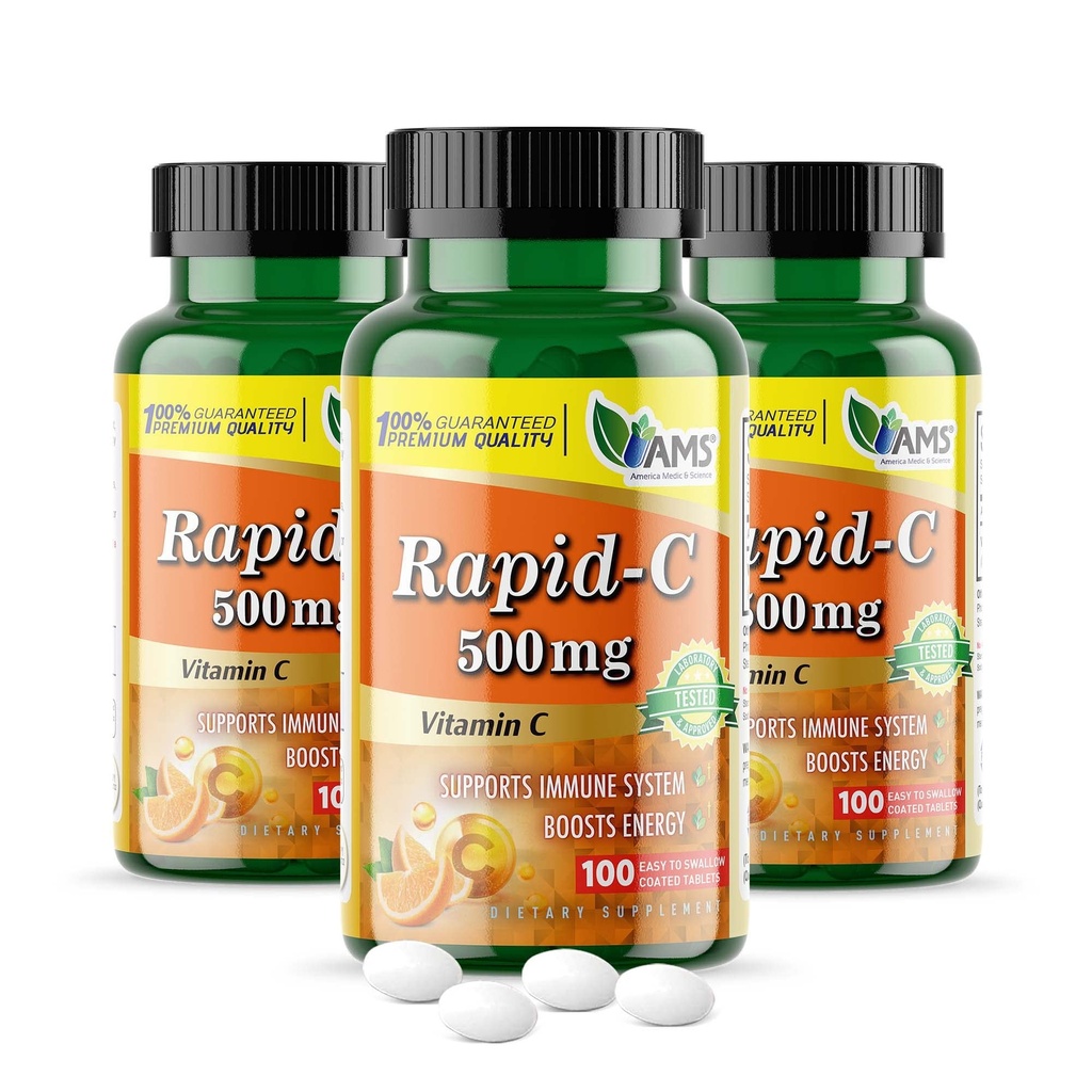 Amerika Medis & Science Rapid-C 500mg Vitamin C Tambahan (3 Paket 100 Tablet) Energi Booster, Dukungan Sistem Ammune Harian, Antioksidant Atran 124; Vegan, Non-GMO Berlapisan Ascorbic Acid untuk Pria & Perempuan & &