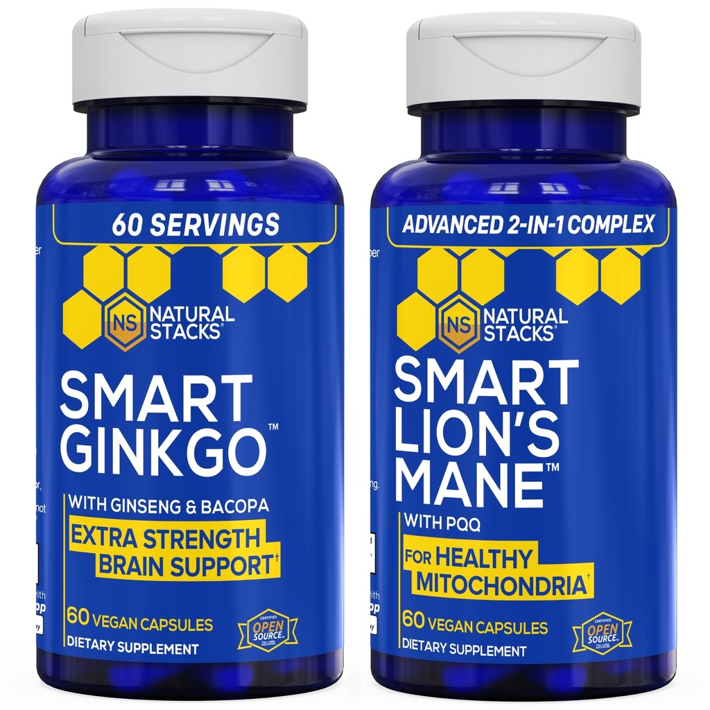 NATURAL STAKKS Ginkgo Biloba + Lions Mane Mushroom Bundle - Focus & Memory Support * - 120 Capsules