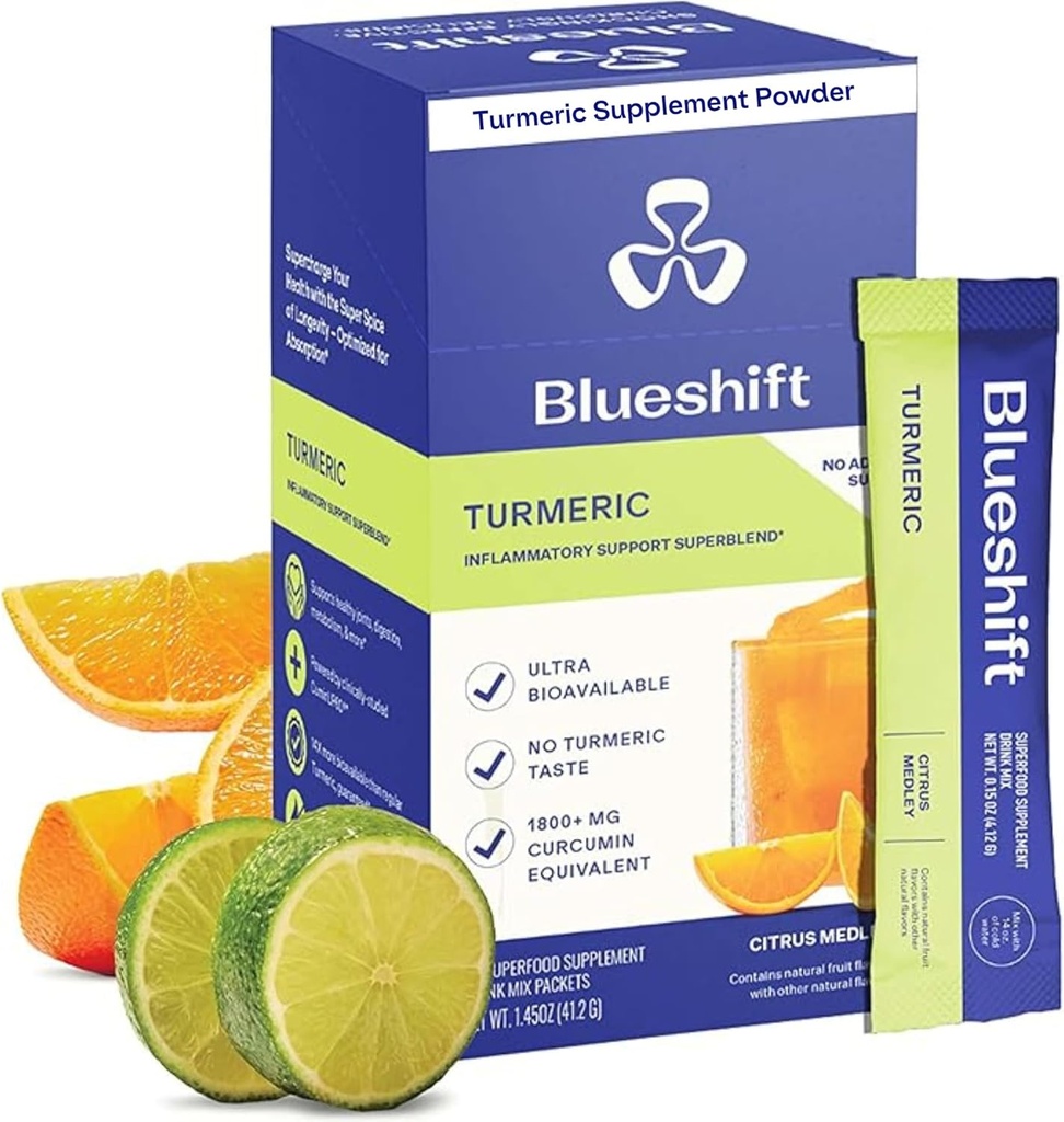Blussift Turmeric Citrus Medley - Turmeric Powder Paket untuk Air, Turmeric Curcumin Suplemen, Tidak ada Gula Minum Mix untuk Pemulihan Alam - Citrus Flavor, Powder Sticks (10 Pack)